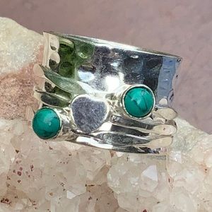 TURQUOISE & STERLING SILVER HEART 925 STERLING SILVER MEDITATION RING, SIZE 8